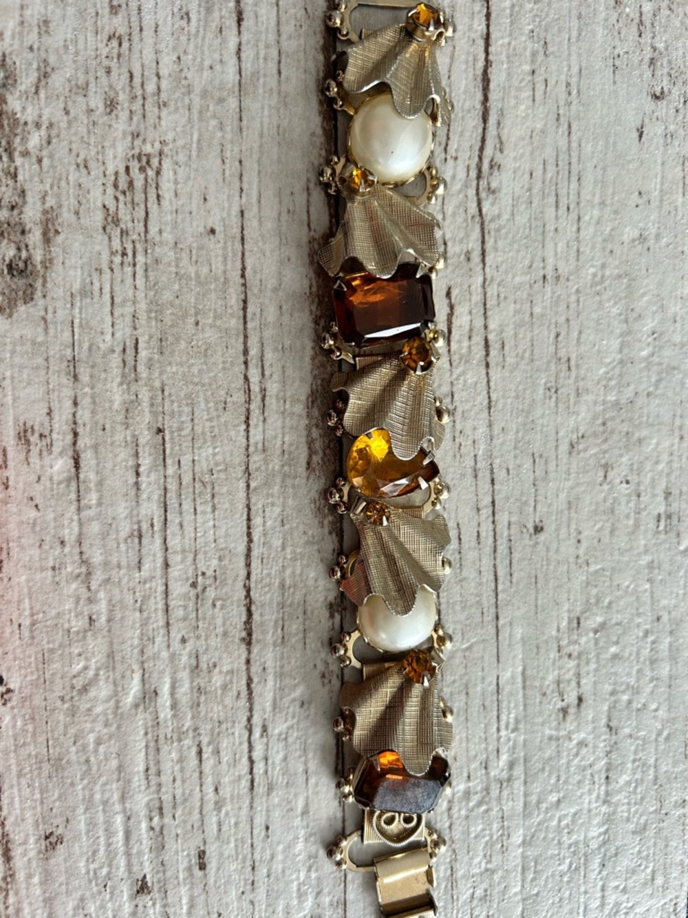Vintage Gold Tone Bracelet with Amber & Pearl Stones